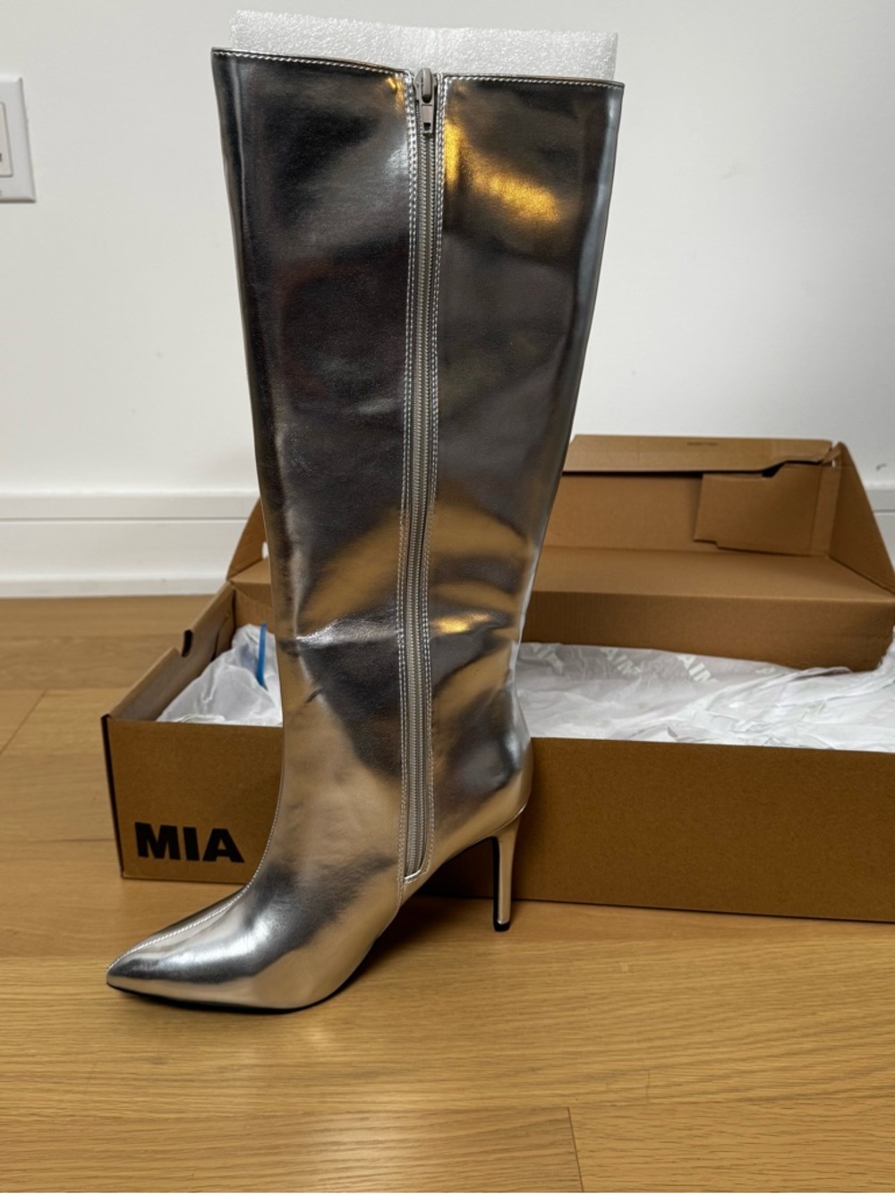 MIA Shoes Stiletto Heel Tall Boots - Marysol /Silver, Size 8